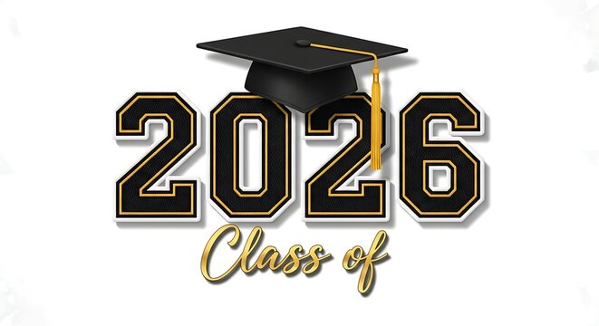 Graduation cap and class of 2026 text on white