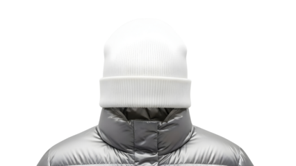 Stylish Winter Apparel: White Knit Beanie and Shiny Silver Puffer Jacket on Black