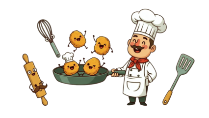 Cute cartoon chef with happy food characters on transparent background
