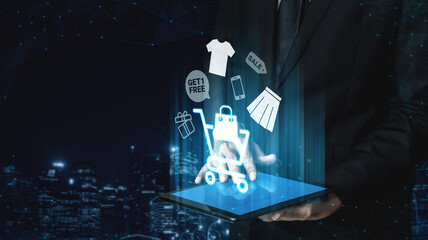 Naklejka premium Glowing shopping cart with sale tags, clothing, and mobile items representing online retail marketing and e-commerce promotions Parse
