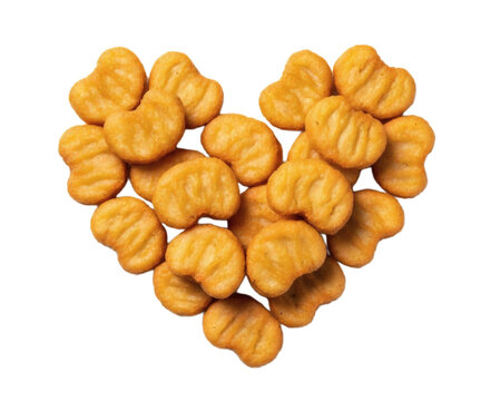 A heart shape formed from golden mac and cheese bites on transparent background
