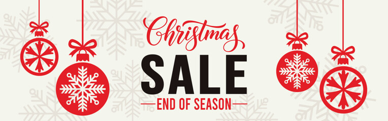 Elegant Christmas sale banner with white background, bold SALE typography and end of season text, decorated with red hanging snowflake baubles and subtle snowflake pattern, perfect for winter retail. © bibin