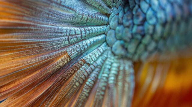 Close up of Vibrant Blue green Fish Scales and Orange Tail Fin Texture