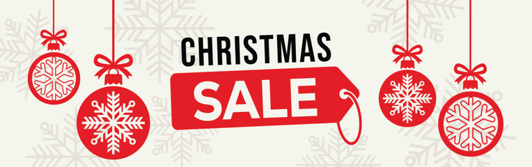 Elegant Christmas sale banner with white background, bold SALE typography and end of season text, decorated with red hanging snowflake baubles and subtle snowflake pattern, perfect for winter retail. © bibin