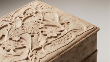 Intricate Floral Carvings Adorn a Rustic Wooden Box, Showcasing Detailed Craftsmanship and Natural Beauty.
