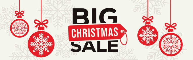 Elegant Christmas sale banner with white background, bold SALE typography and end of season text, decorated with red hanging snowflake baubles and subtle snowflake pattern, perfect for winter retail. © bibin