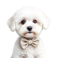 Obraz premium Adorable fluffy white maltese puppy dog portrait wearing a sophisticated beige bow tie on transparent background