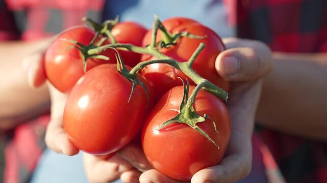 Hands cradle ripe tomato harvest. Fresh tomato crop rests vegetable food from farmer. Organic tomato handpicked by farmer highlights vegetable harvest. Ripe tomato shows quality crop and fresh taste.