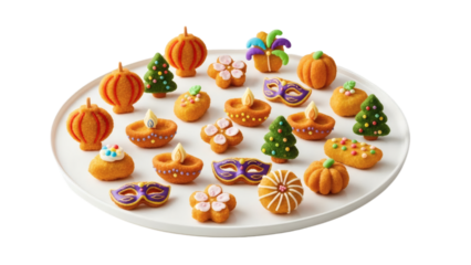 Assorted colorful halloween and fall themed cookies displayed on a white plate on transparent background