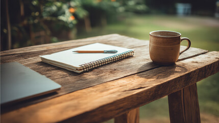 A cozy scene displays a notebook with a pencil, a warm coffee mug, and a laptop on a rustic wooden table in a tranquil outdoor setting, inviting creativity.