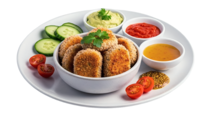 Appetizing snack platter with fried bites dips and fresh vegetables on transparent background