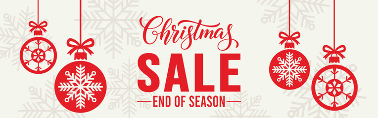 Elegant Christmas sale banner with white background, bold SALE typography and end of season text, decorated with red hanging snowflake baubles and subtle snowflake pattern, perfect for winter retail. © bibin