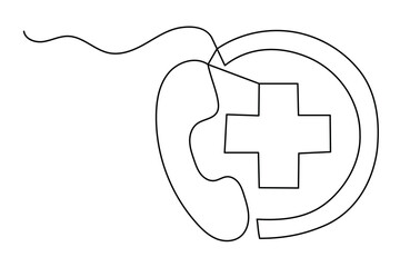 Telephone handset and medical cross speech bubble in one line drawing