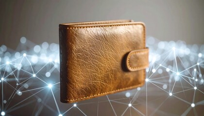 Brown leather wallet with digital network background, finance concept.