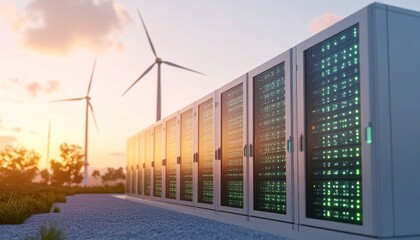 Sustainable Data Center with Wind Turbines and Sunset.