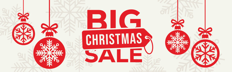Elegant Christmas sale banner with white background, bold SALE typography and end of season text, decorated with red hanging snowflake baubles and subtle snowflake pattern, perfect for winter retail. © bibin