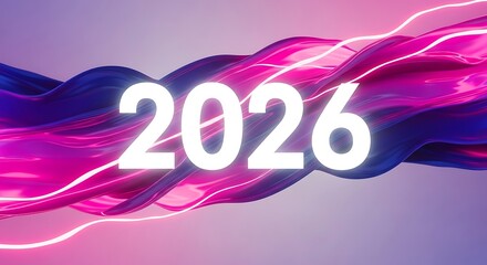 Vibrant 2026 background with neon lights and purple hues