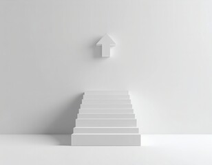 Obraz premium Minimalist white staircase leading up to a small house symbol on a plain wall in a clean, monochromatic interior with soft lighting.