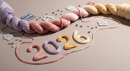 Colorful yarn braids and numbers 2026 on beige background