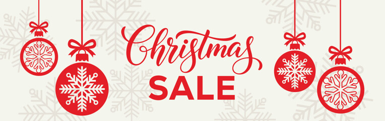 Elegant Christmas sale banner with white background, bold SALE typography and end of season text, decorated with red hanging snowflake baubles and subtle snowflake pattern, perfect for winter retail. © bibin
