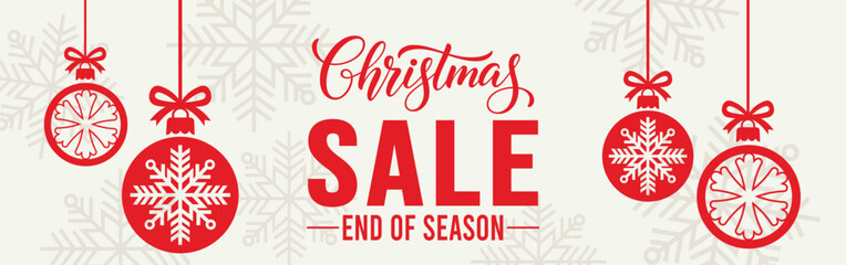 Elegant Christmas sale banner with white background, bold SALE typography and end of season text, decorated with red hanging snowflake baubles and subtle snowflake pattern, perfect for winter retail. © bibin