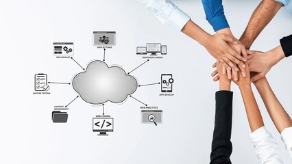 Engaging visual of diverse hands united over cloud computing icons, highlighting teamwork and collaboration in technology, digital services, and modern business strategies. Raster