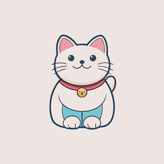 Fototapeta premium A charming cartoon illustration depicts a smiling maneki neko cat with a red collar and waving paw