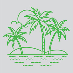 vintage tropical palm tree,house,beach vector line art illustration.