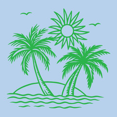 vintage tropical palm tree,house,beach vector line art illustration.