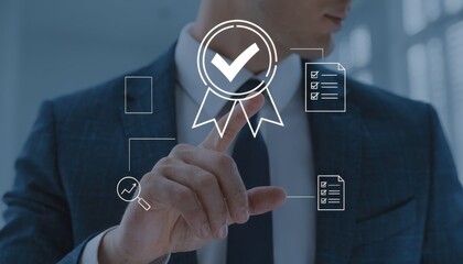 A businessman's hand touches a virtual digital button on a futuristic touchscreen, symbolizing a connection to a web network and the concept of secure communication technologyA businessman's hand touc