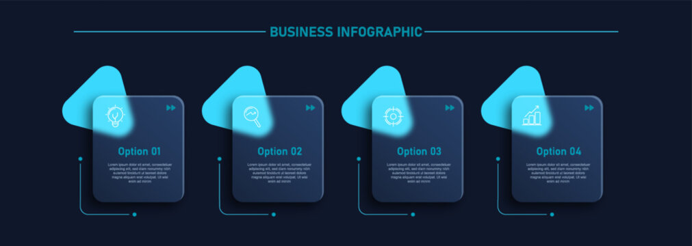 Design template for vector infographic labels with icons and 5 options or steps on dark backgrond. Suitable for process diagrams, presentations, workflow layouts, banners, flow charts