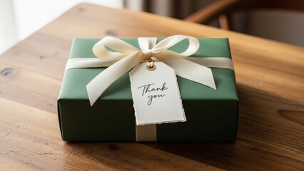 Beautifully wrapped green gift box with thank you tag for National Thank You Month