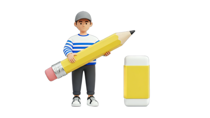 Cartoon Man Holding Pencil and Eraser on White Background