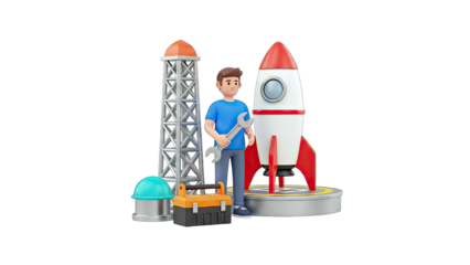 Astronaut Repairing Rocket on Launchpad