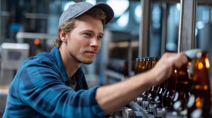 Faceless male brewer adjusting dial on bottling machine in brewery, alcohol production equipment operation, beverage manufacturing control, craft brewing machinery, defocused person, with copy