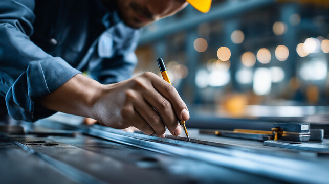 Faceless worker measuring steel with calipers in steel factory, precision metalworking, quality control measurement, manufacturing inspection activity, dimensional verification, defocused hands, - Powered by Adobe