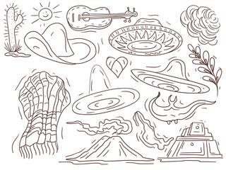 Mexico culture and traditions hats and sombreros guitar travel and tourism volcanoes and pyramids recreation bright ponchos national clothing hand-drawn sketch cute cartoon