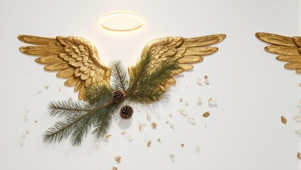 Angel Wings with Pine Cones and Greenery on White Background.