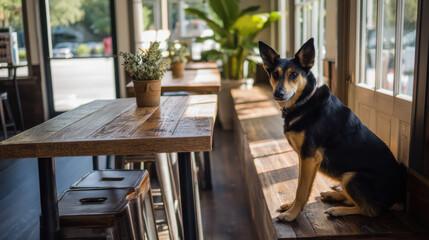 A well-behaved dog sits patiently on a wooden bench inside a bright and welcoming cafe, looking towards the camera with a calm and attentive expression.