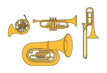 Obraz premium Brass orchestral instruments playing music vector illustration