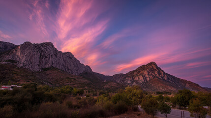 Obraz premium Dramatic pink and purple sunset colors illuminate rugged mountain peaks and valleys with lush green vegetation in a beautiful, scenic outdoor landscape setting.