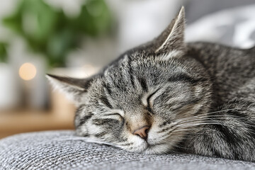 Peaceful domestic cat resting indoors with gray fur and closed eyes on soft textured surface, creating calm and cozy atmosphere in bright room