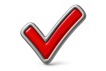 Red check mark symbol with metallic frame signifying validation, approval, completion, and success, transparent background