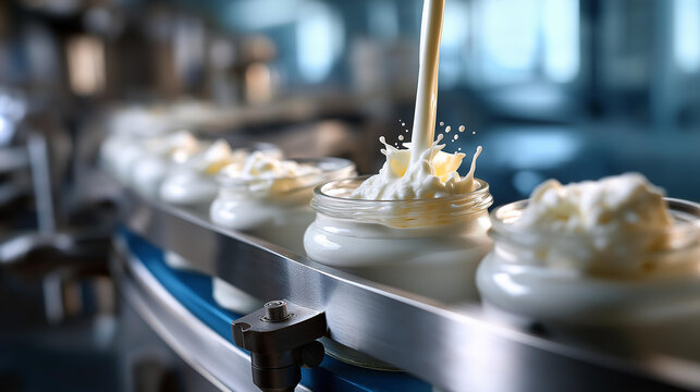 Yogurt production line operations, dairy manufacturing process, fermented milk product creation, food industry automation, cultured dairy fabrication, industrial food processing, with copy space