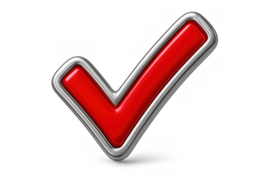 Red check mark symbol with metallic frame signifying validation, approval, completion, and success, transparent background - Powered by Adobe