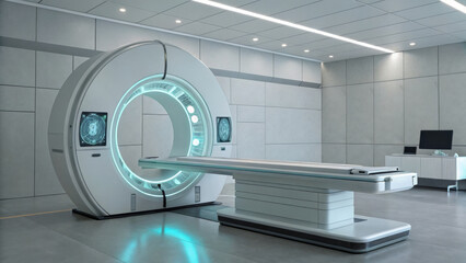 Modern ct scanner machine in a medical facility with glowing blue light
