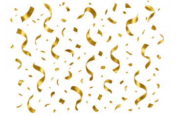 Gold confetti and streamers falling on transparent background celebrating party, carnival, anniversary, and success