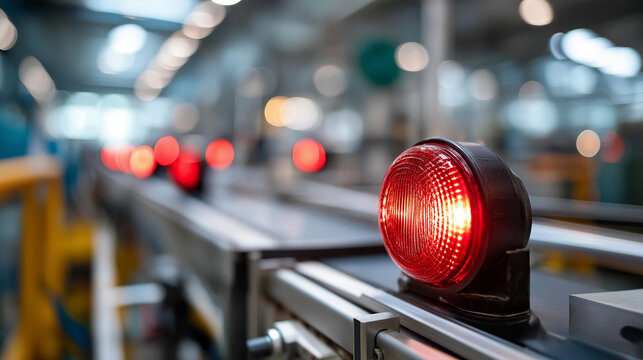 Red light alarm in factory production line, emergency alert signal danger alert signal error alert signal fail alert signal, industrial warning system, safety notification device, with copy space