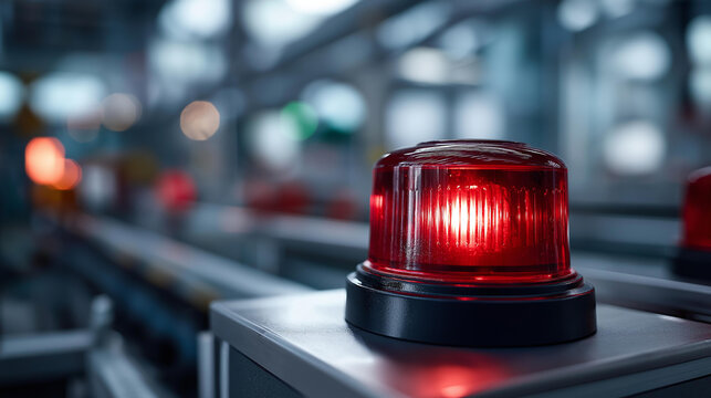 Red light alarm in factory production line, emergency alert signal danger alert signal error alert signal fail alert signal, industrial warning system, safety notification device, with copy space