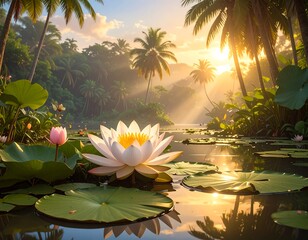 Serene Tropical Sunrise Lotus Pond.